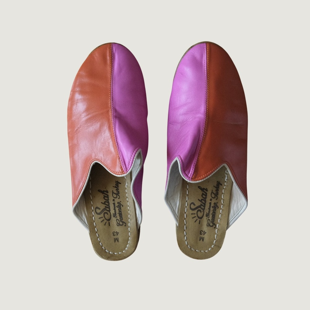 Sabah Leather Colorblock Mules Pink Orange Handmade Turkish Slip On Shoes M 43